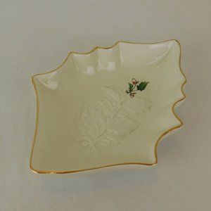Figural Christmas Relief Candy Dish Ivory Embossed  Home for the Holidays Holly